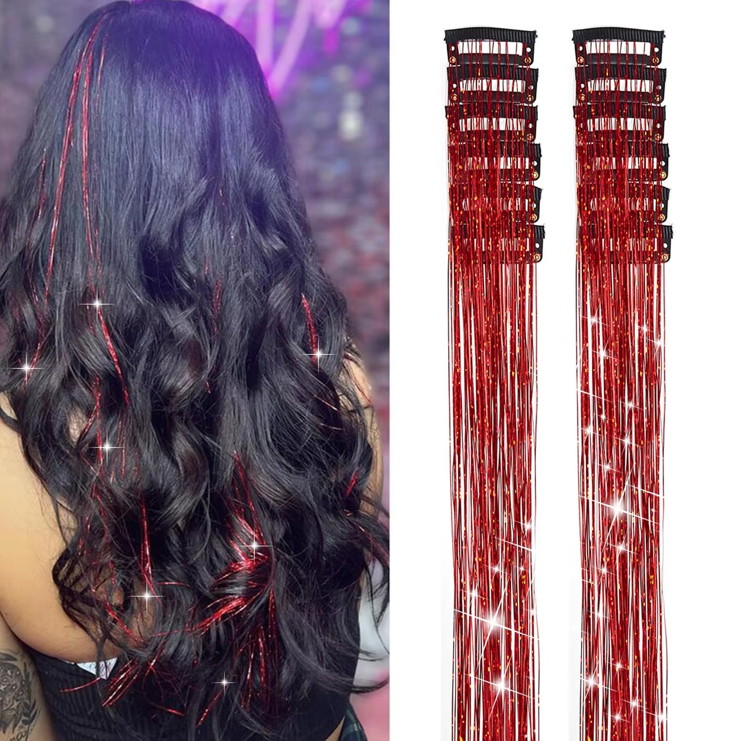 6Pcs Hair Tinsel Clip in 23.6Inch Glitter Synthetic Tinsel Hair Clip in Hair Tinsel Kit Heat Resistant Shiny Sparkle Fairy Hair